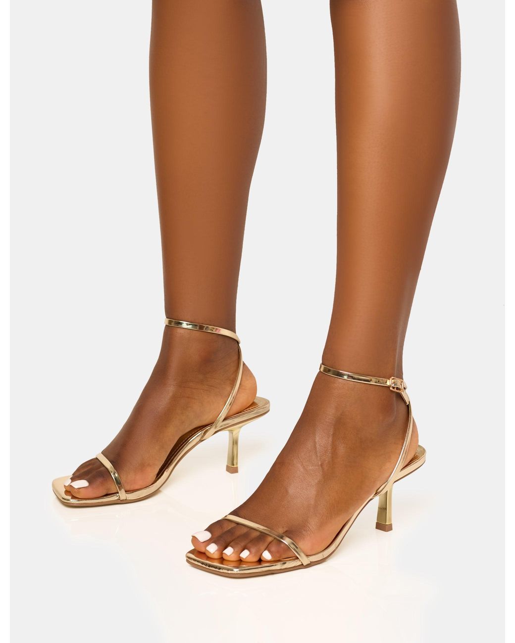 Public Desire Brown Natalya Gold Barely There Square Toe Stiletto Mid Heels