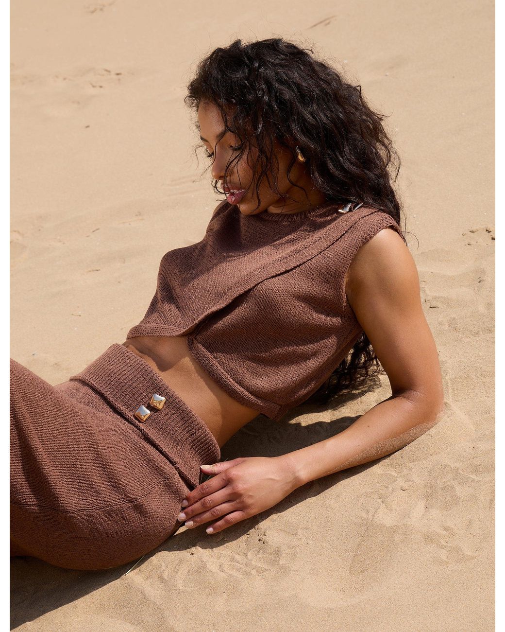 Public Desire Natural Mid Rise Fine Knit Maxi Skirt Brown