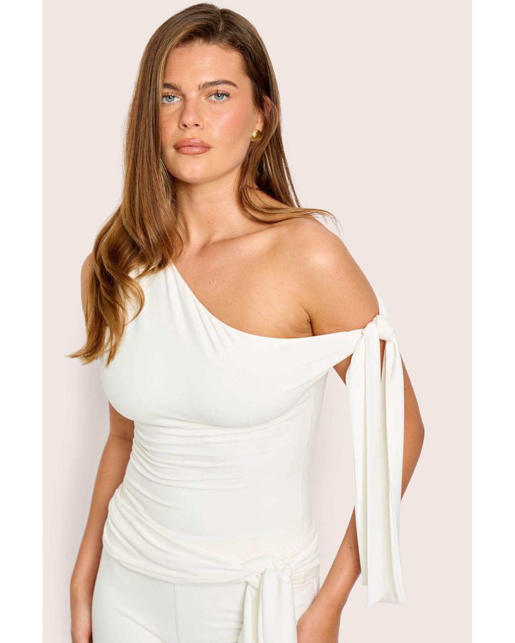 Public Desire Knot Detail Asymmetric One Shoulder Luxe Slinky Top White