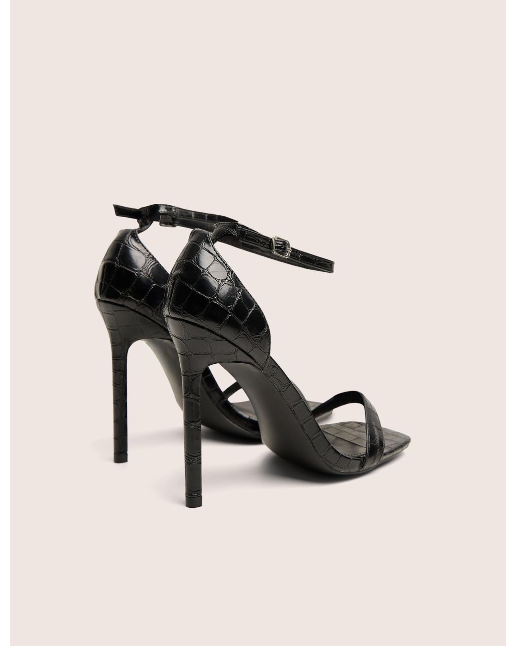 Public Desire Natural Chaos Black Croc Square Toe Strappy Barely There Stiletto Heels