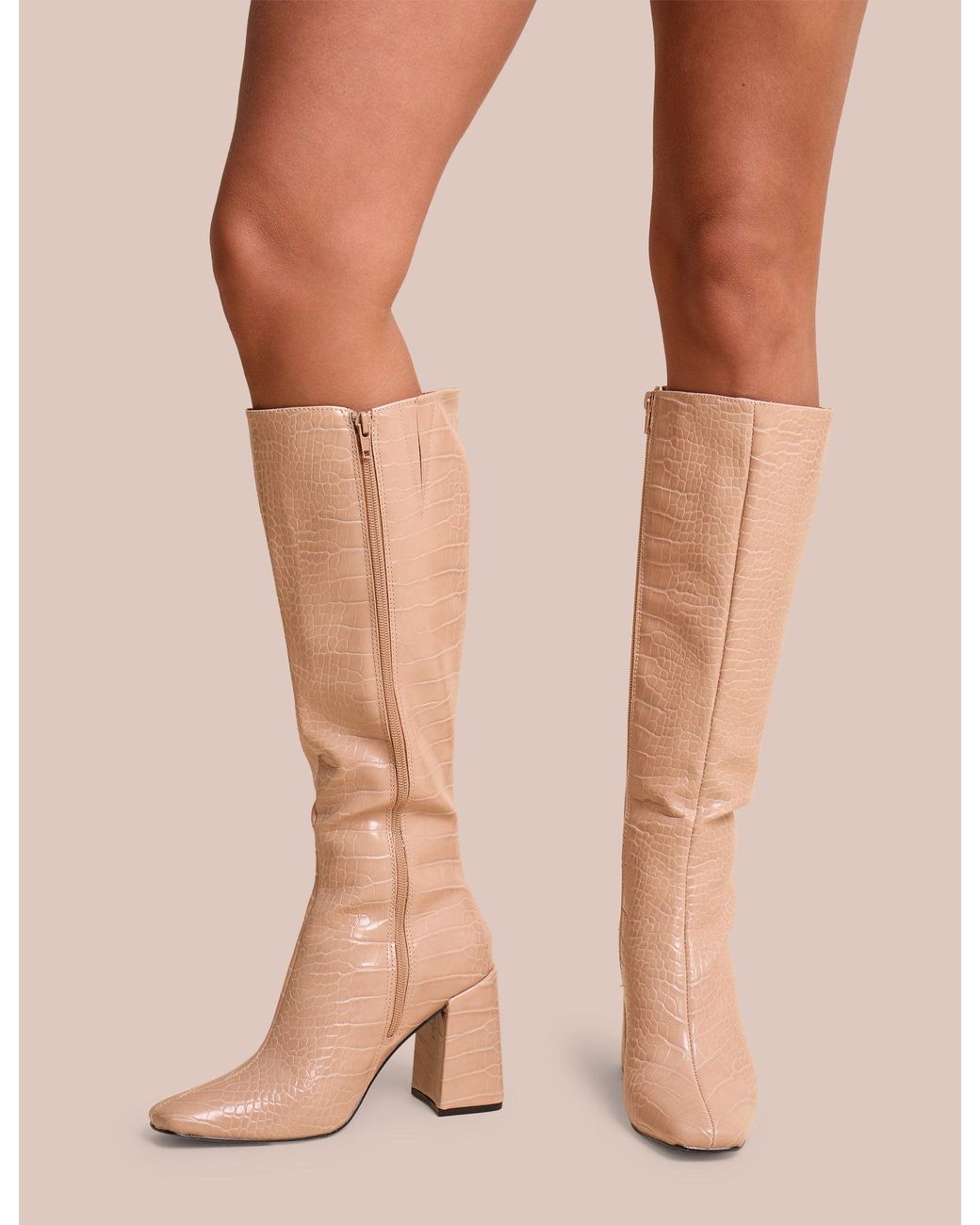 Public Desire White Apology Nude Patent Croc Knee High Block Heel Boots