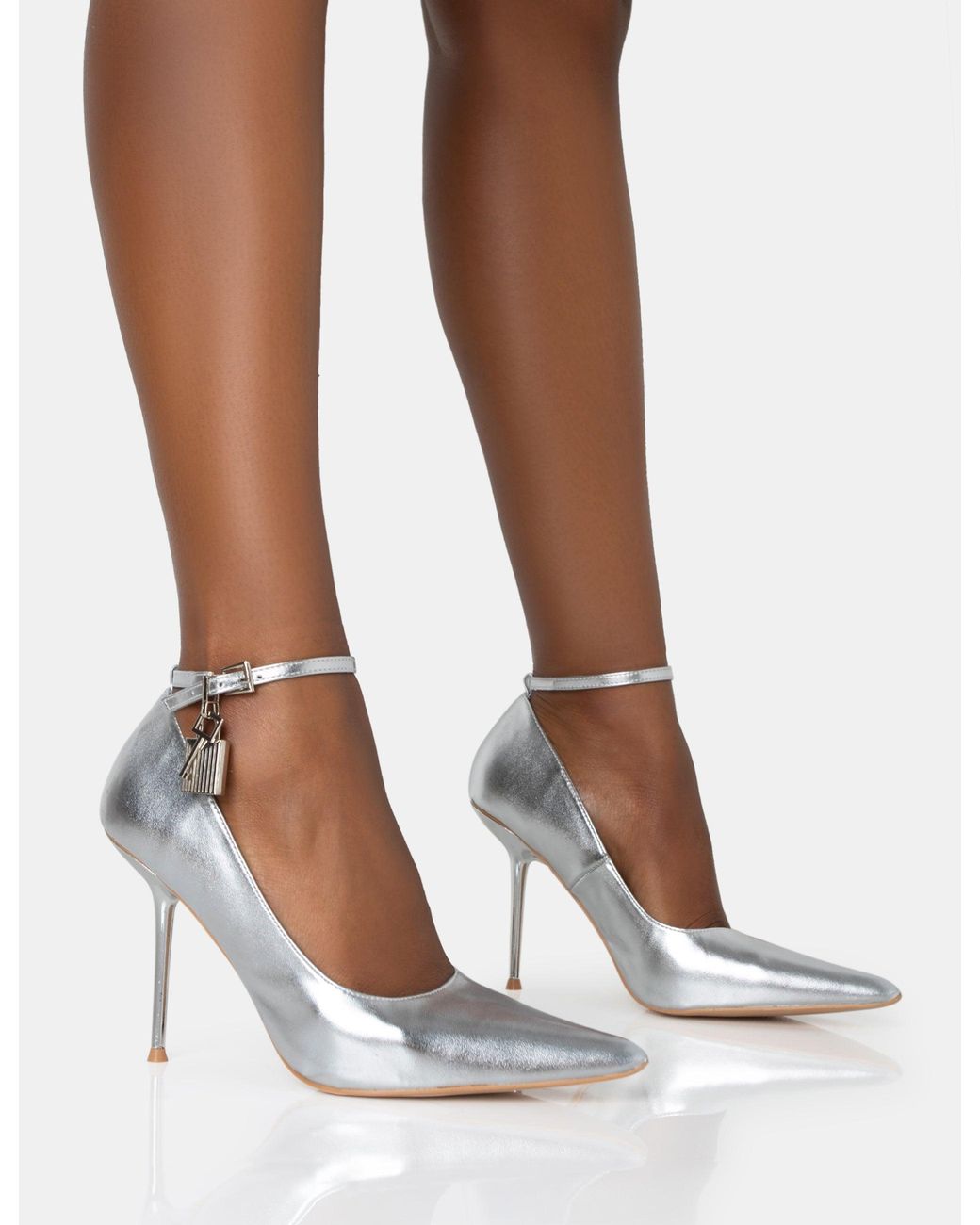 Public Desire Brown Lotty Metallic Silver Padlock Ankle Detail Court Stiletto Heels