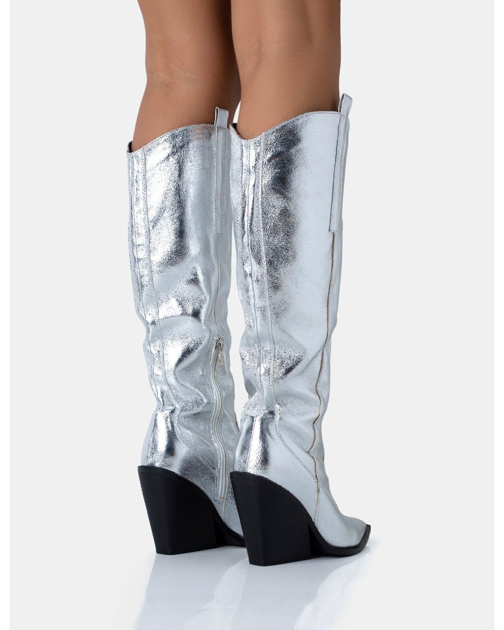 Public Desire Blue Nevada Silver Metallic Western Cowboy Block Heel Knee High Boots