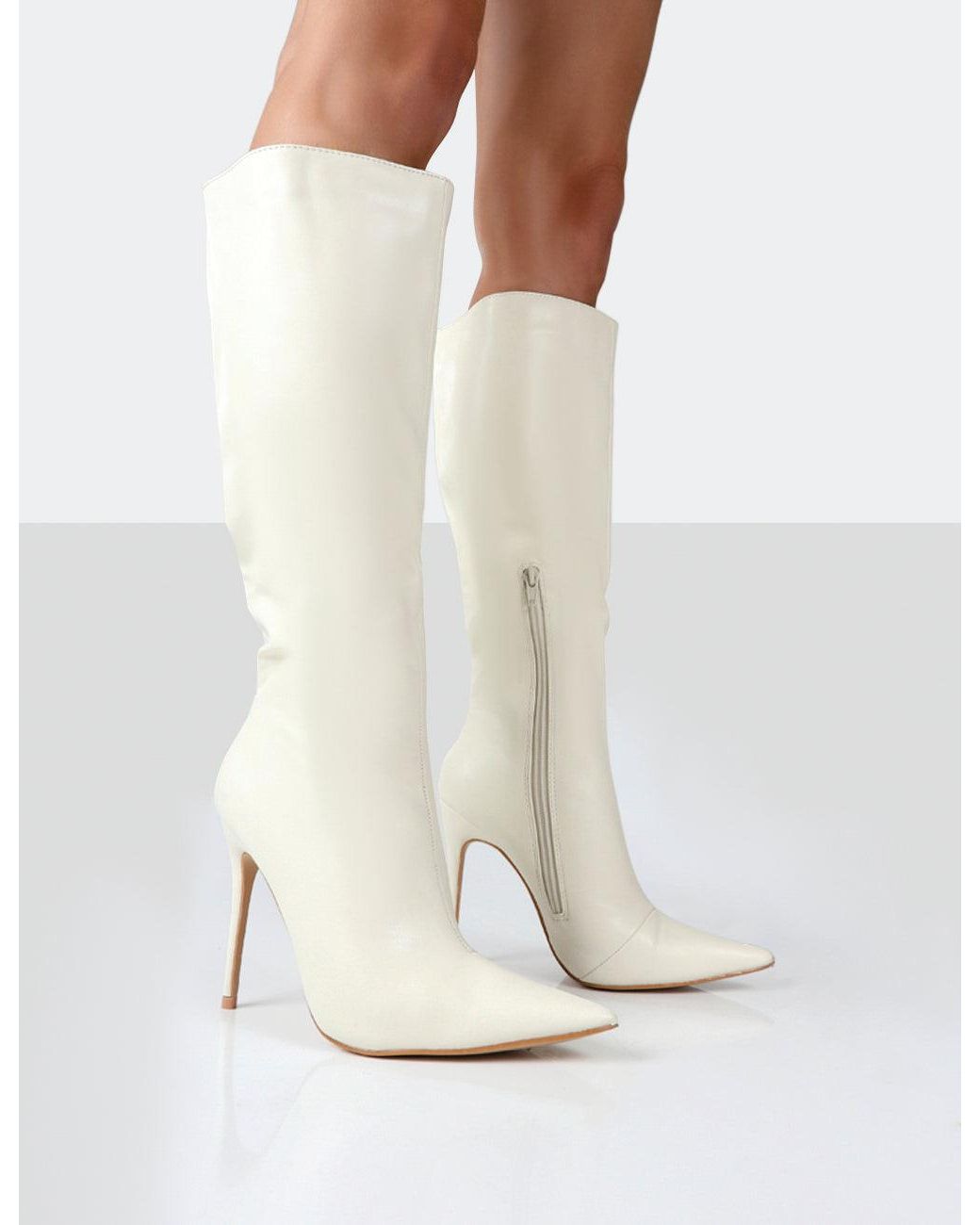 Public Desire Horizon Wide Fit Ecru Grain Knee High Boots in White | Lyst UK