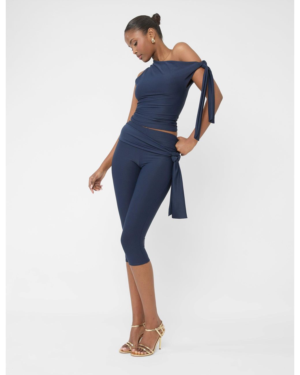 Public Desire Blue Knot Detail Asymmetric One Shoulder Luxe Slinky Top Navy