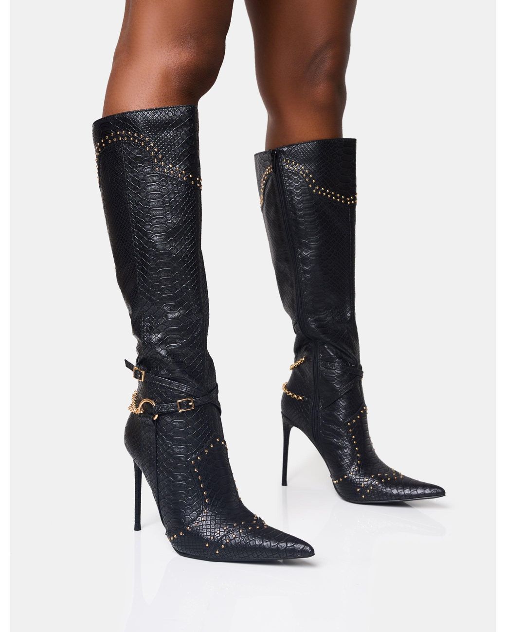 Public Desire Main Character Embellished Vintage Black Pointed Toe Stiletto Boots