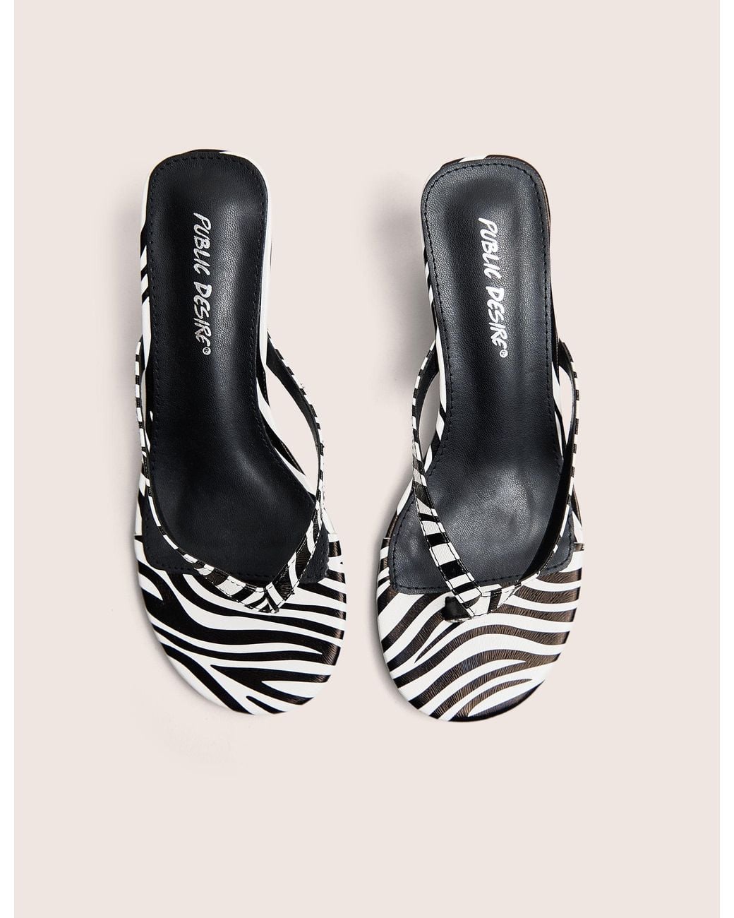 Public Desire Natural Evermore Zebra Black And White Thong Kitten Heeled Sandals