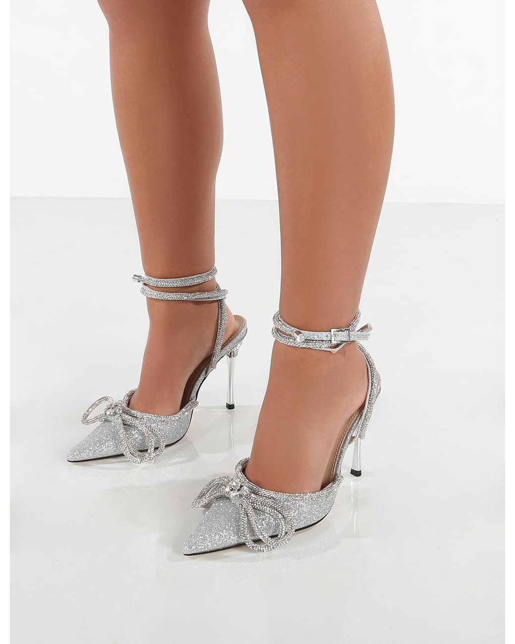 Public Desire Midnight Silver Glitter Wrap Around Diamante Bow High Heels  in Metallic | Lyst UK