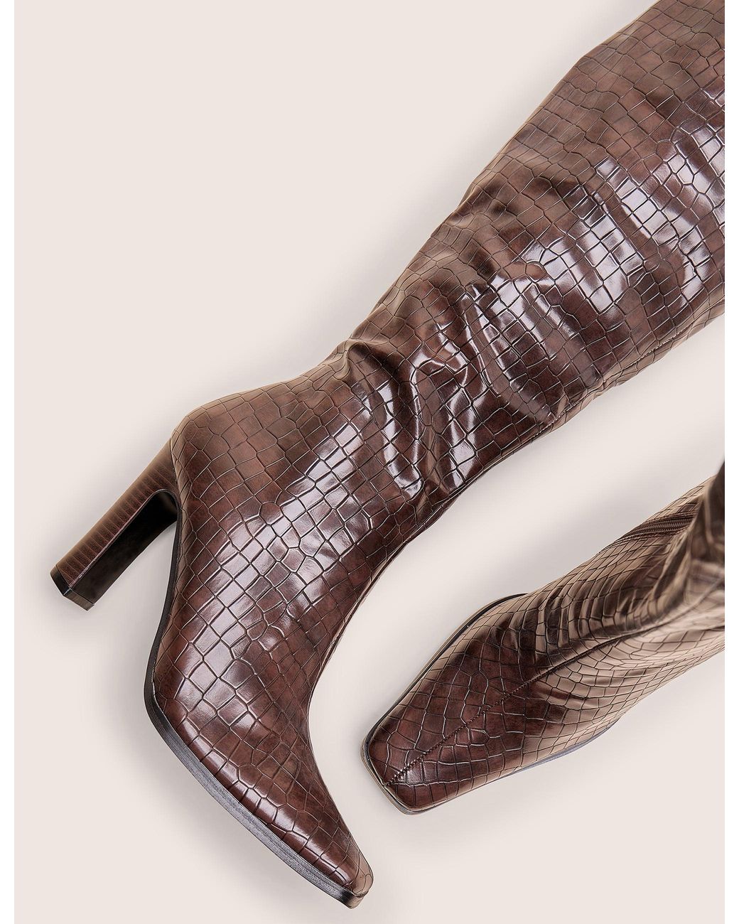 Public Desire Multicolor Acquilla Brown Croc Knee High Flared Heel Boots