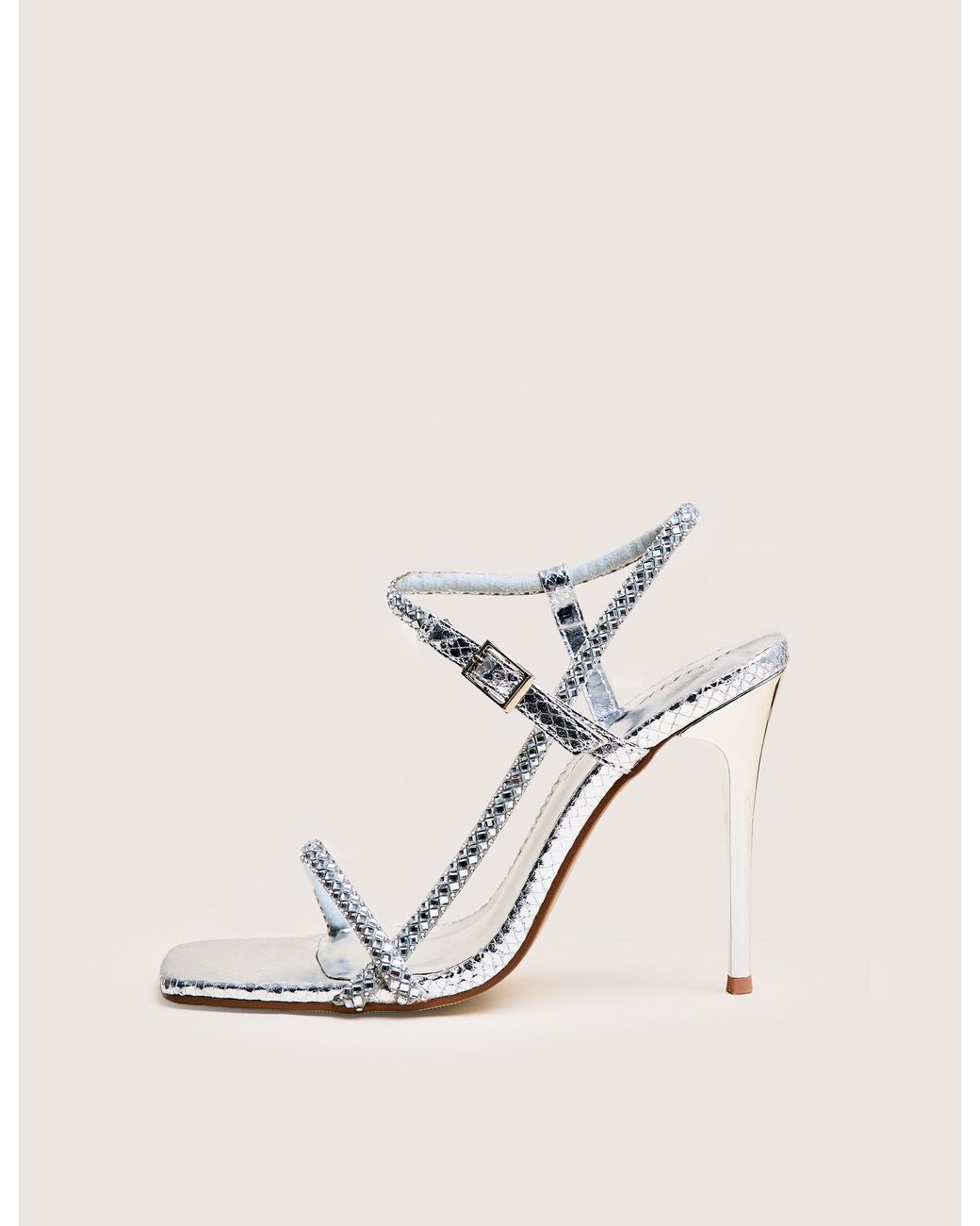 Public Desire Natural Last Night Silver Snake Pu Diamante Strap Stiletto High Heels