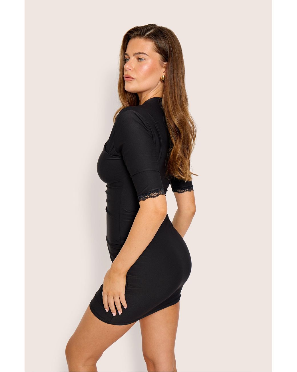 Public Desire Lace Trim Three Quarter Sleeve Ruched Neck Luxe Slinky Mini Dress Black