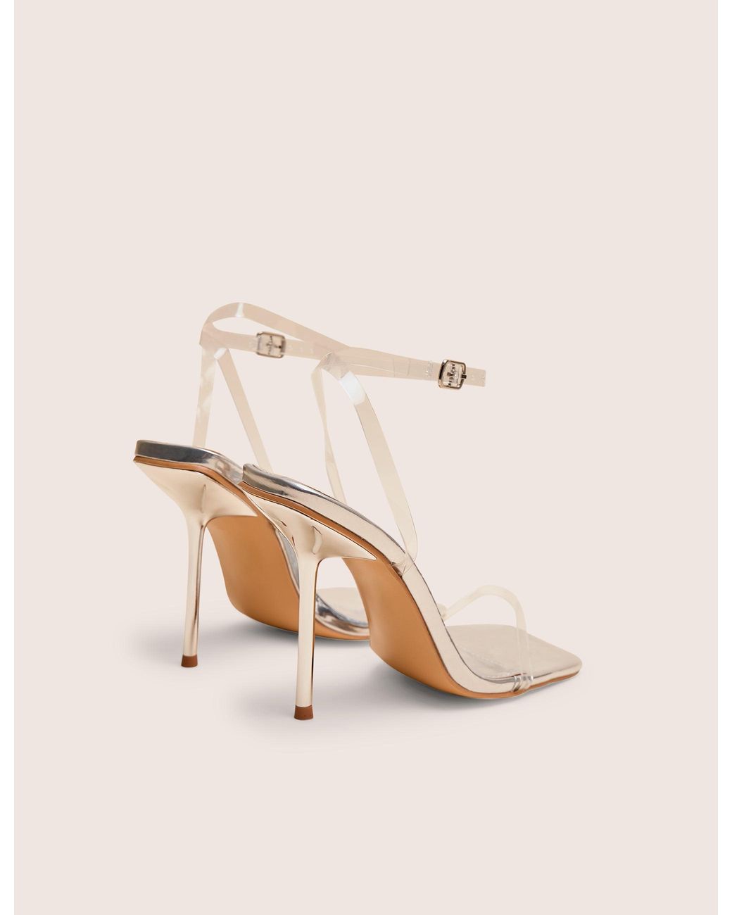 Public Desire Black Rya Silver Mirror Square Toe Strappy Barely There Stiletto High Heels