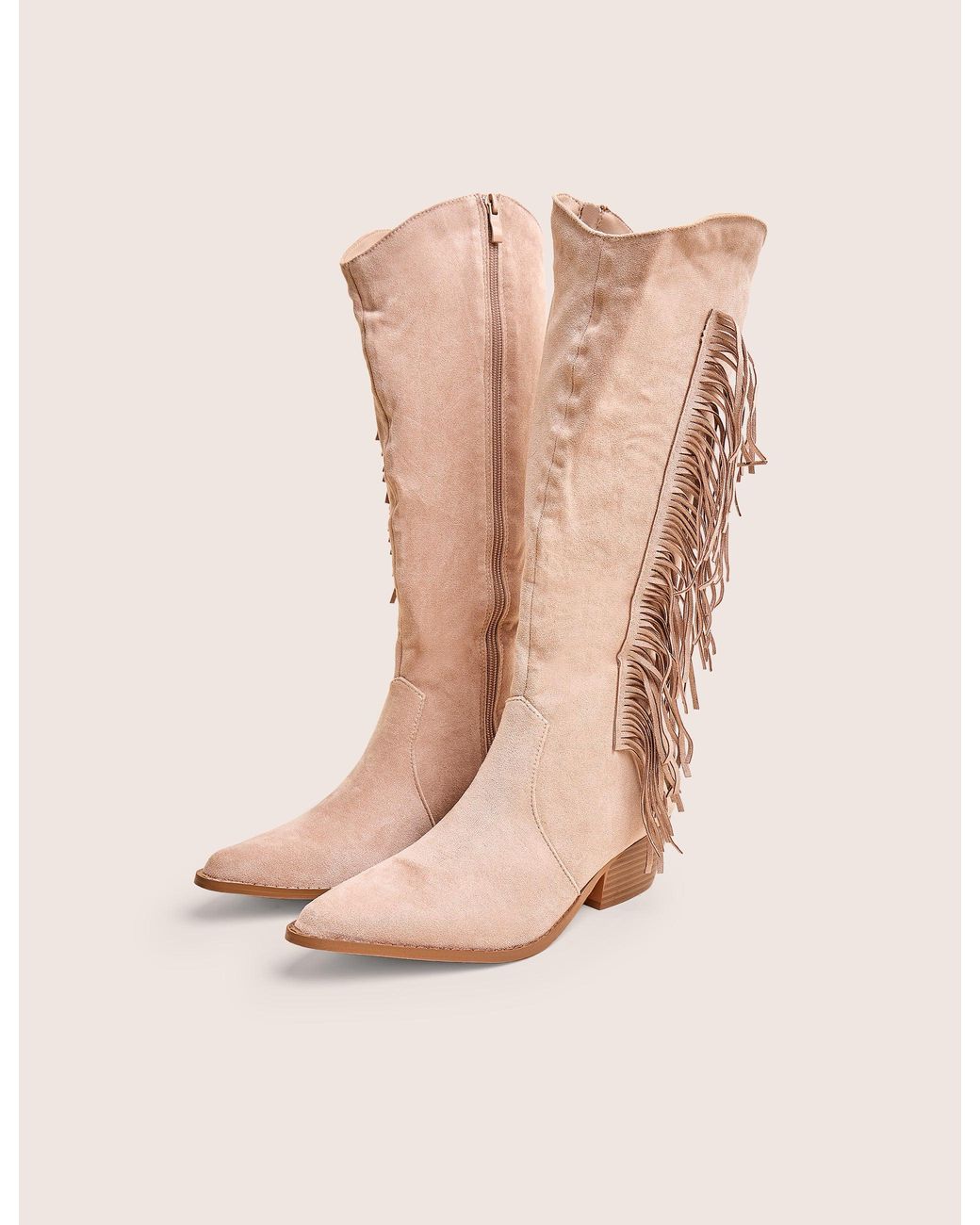 Public Desire Natural Tucker Beige Faux Suede Knee High Tassle Detail Western Boots