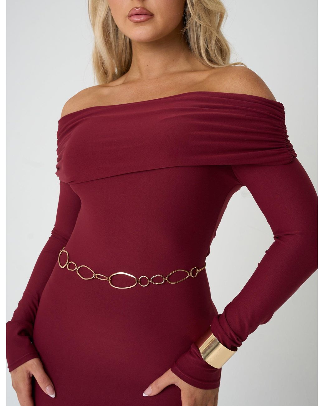 Public Desire Red Bardot Luxe Slinky Maxi Dress Burgundy