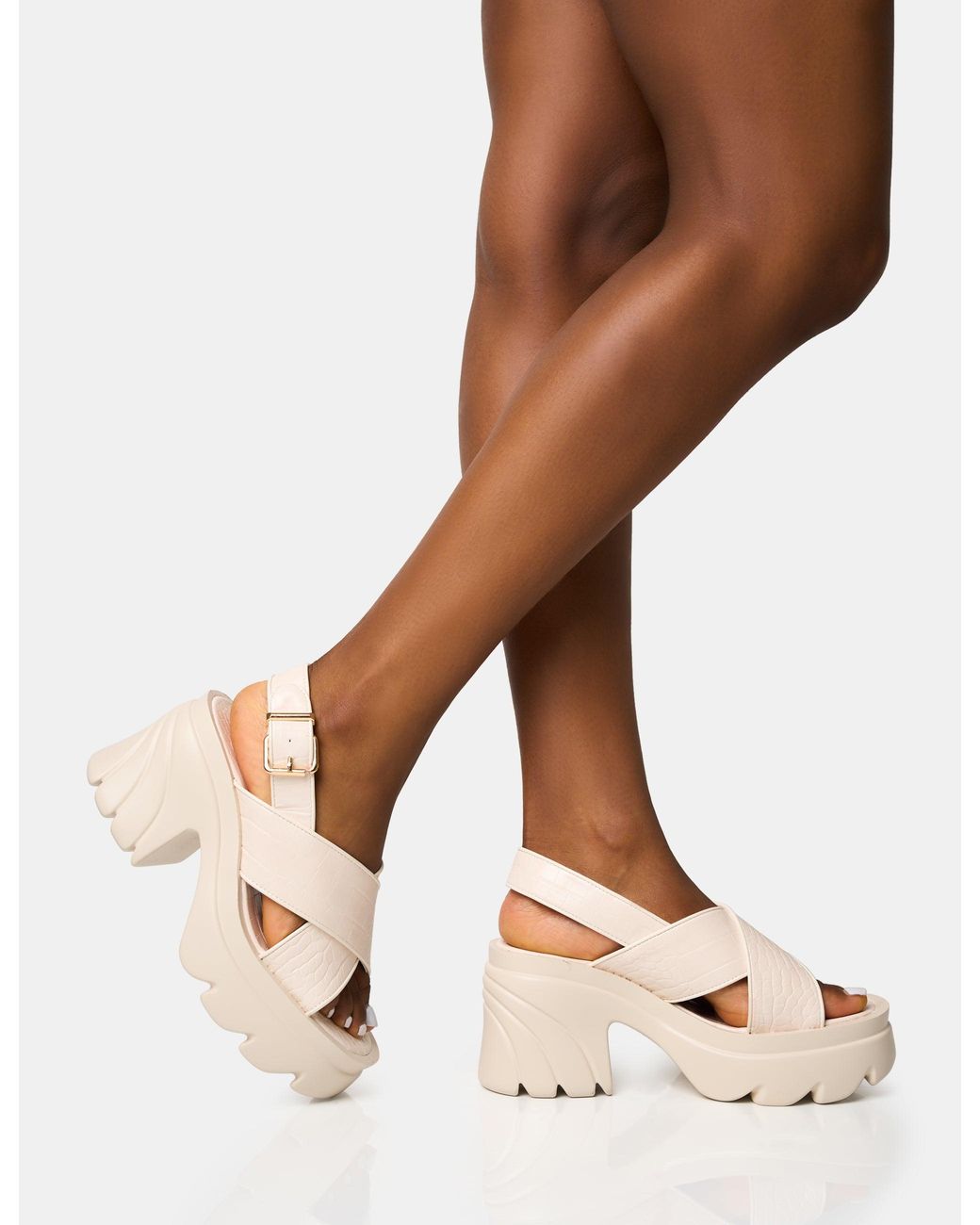 Public Desire Brown Flare White Cross Strap Chunky Mid Heel Sandals