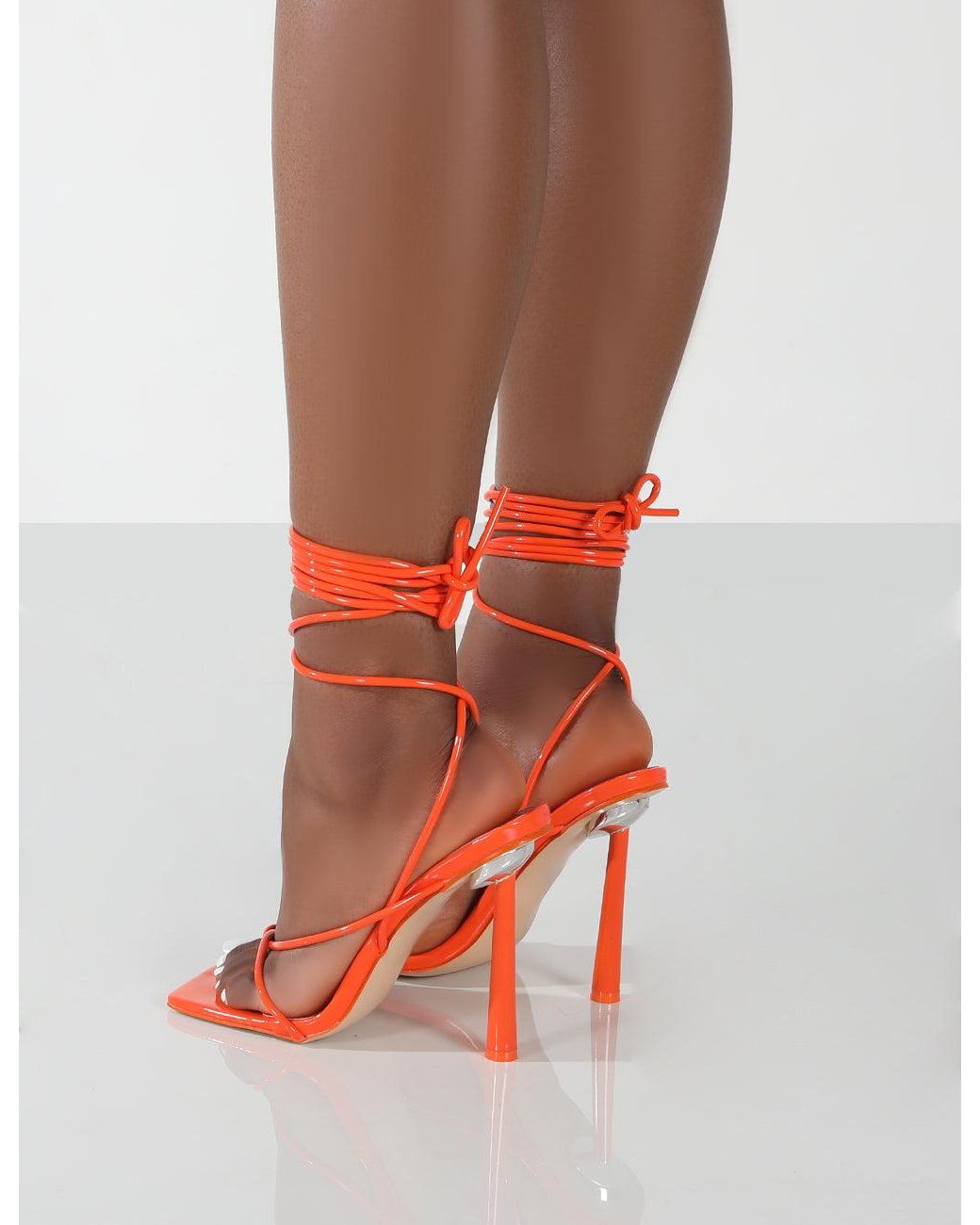 Public Desire Lacey Orange Patent Square Toe Strappy Lace Up Stiletto Heels  | Lyst