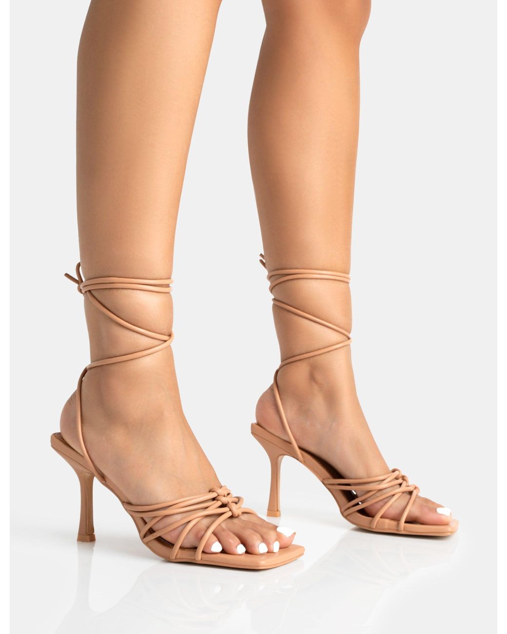 Public Desire Multicolor Keri Wide Fit Nude Pu Strappy Lace Up Mid Heels