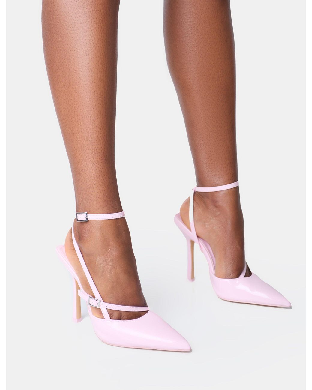 Public Desire White Idol Pink Patent Buckle Strappy Detail Stiletto Court High Heels
