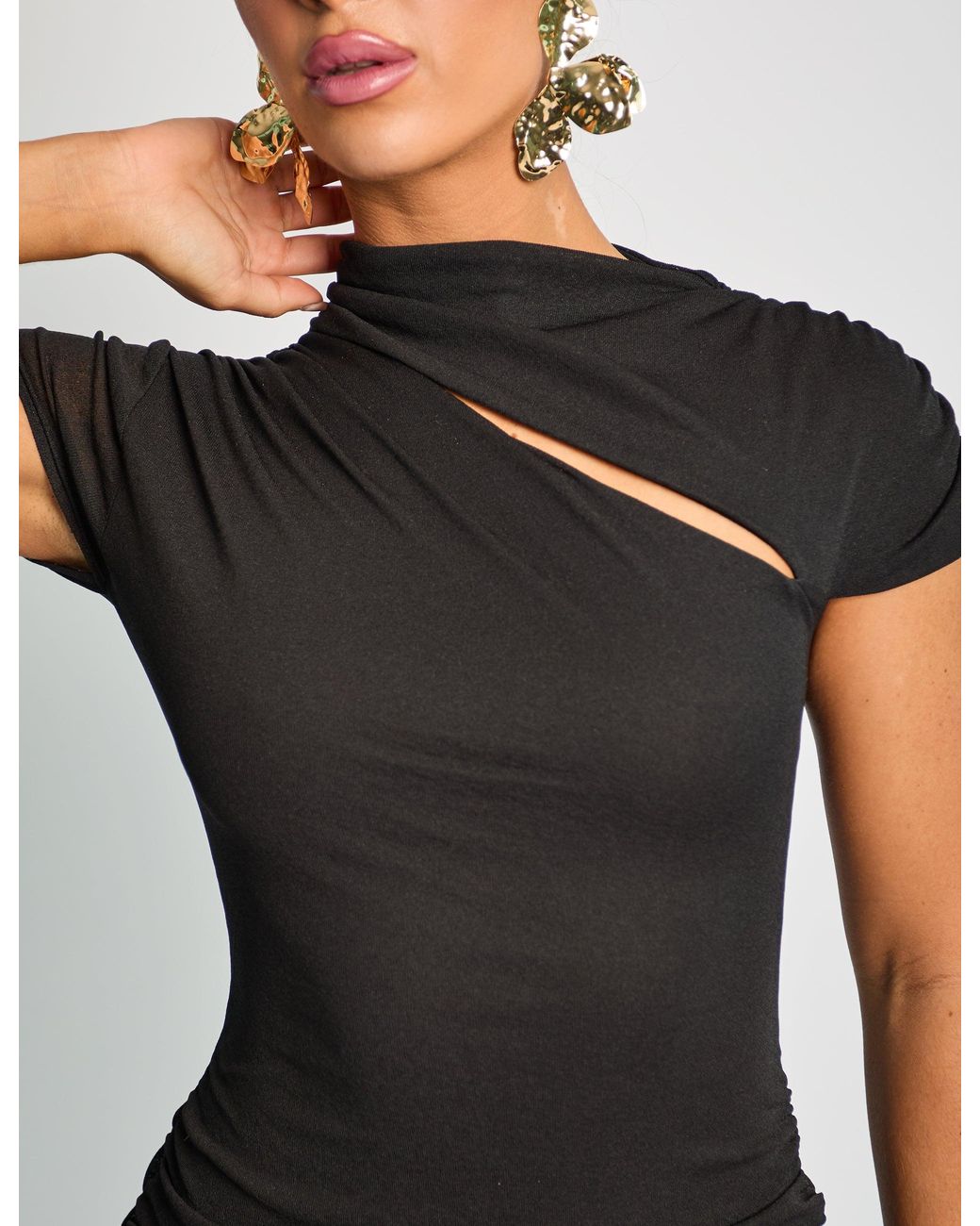 Public Desire Slit Detail Cap Sleeve Mini Dress Black