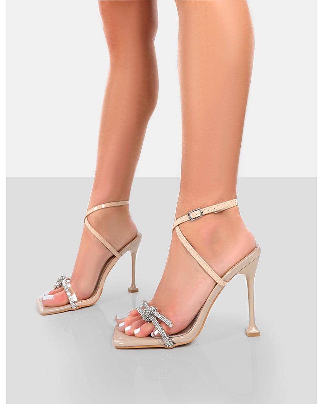 Public Desire Natural Glitter Nude Wrap Around Diamante Bow Square Toe Heels