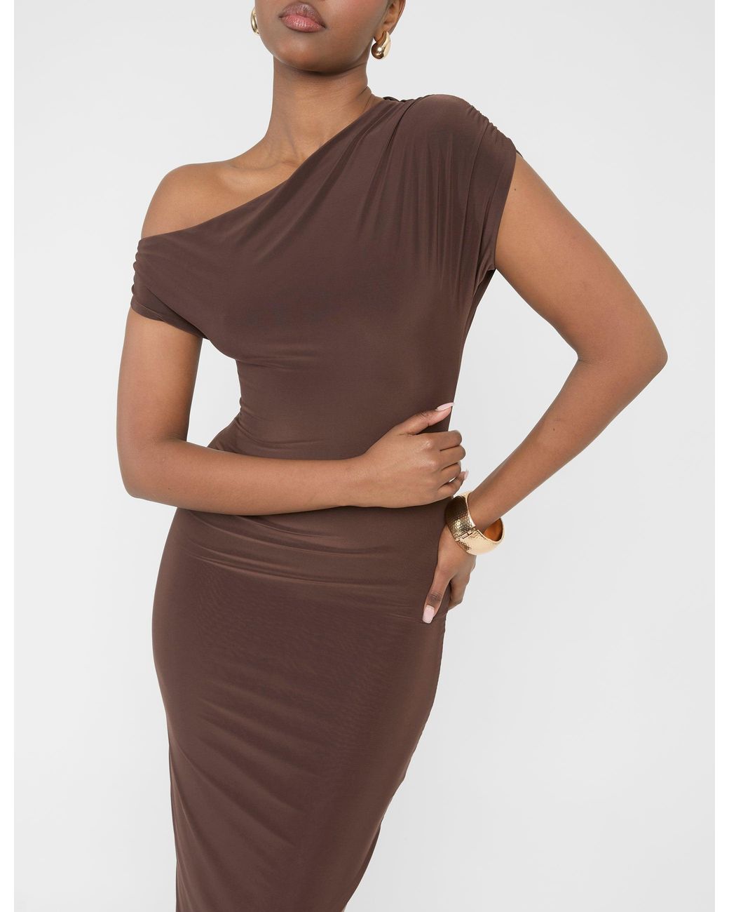 Public Desire Multicolor Asymmetric Off The Shoulder Drape Slinky Maxi Dress Chocolate