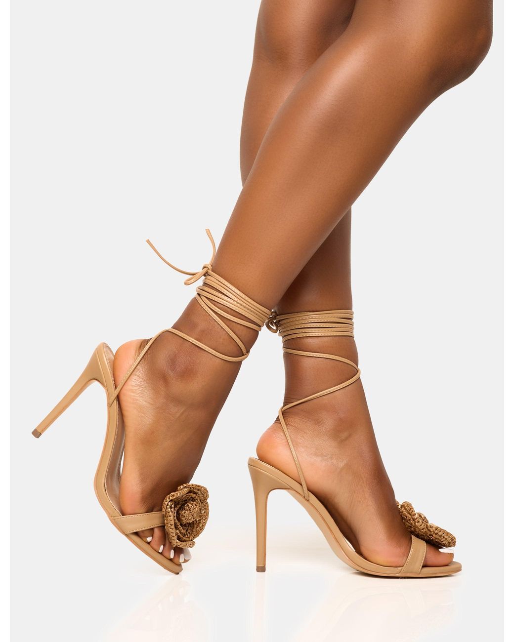 Public Desire Brown Karla Natural Raffia Flower Barely There Lace Up Stiletto Heel