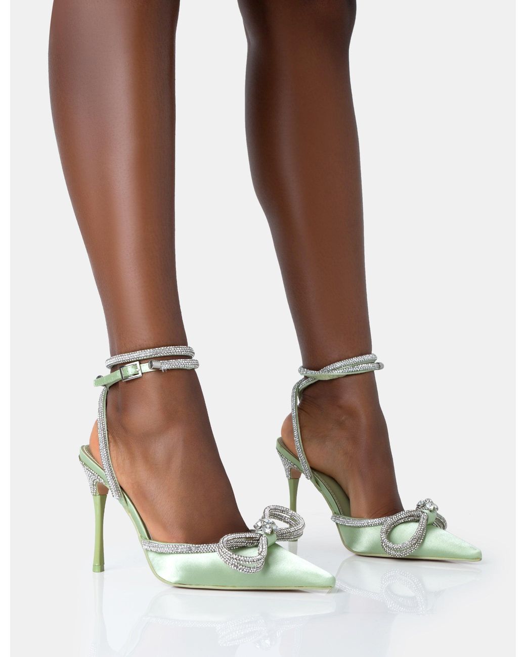 Public Desire Brown Midnight Sage Satin Wrap Around Diamante Bow Pointed Toe High Heels