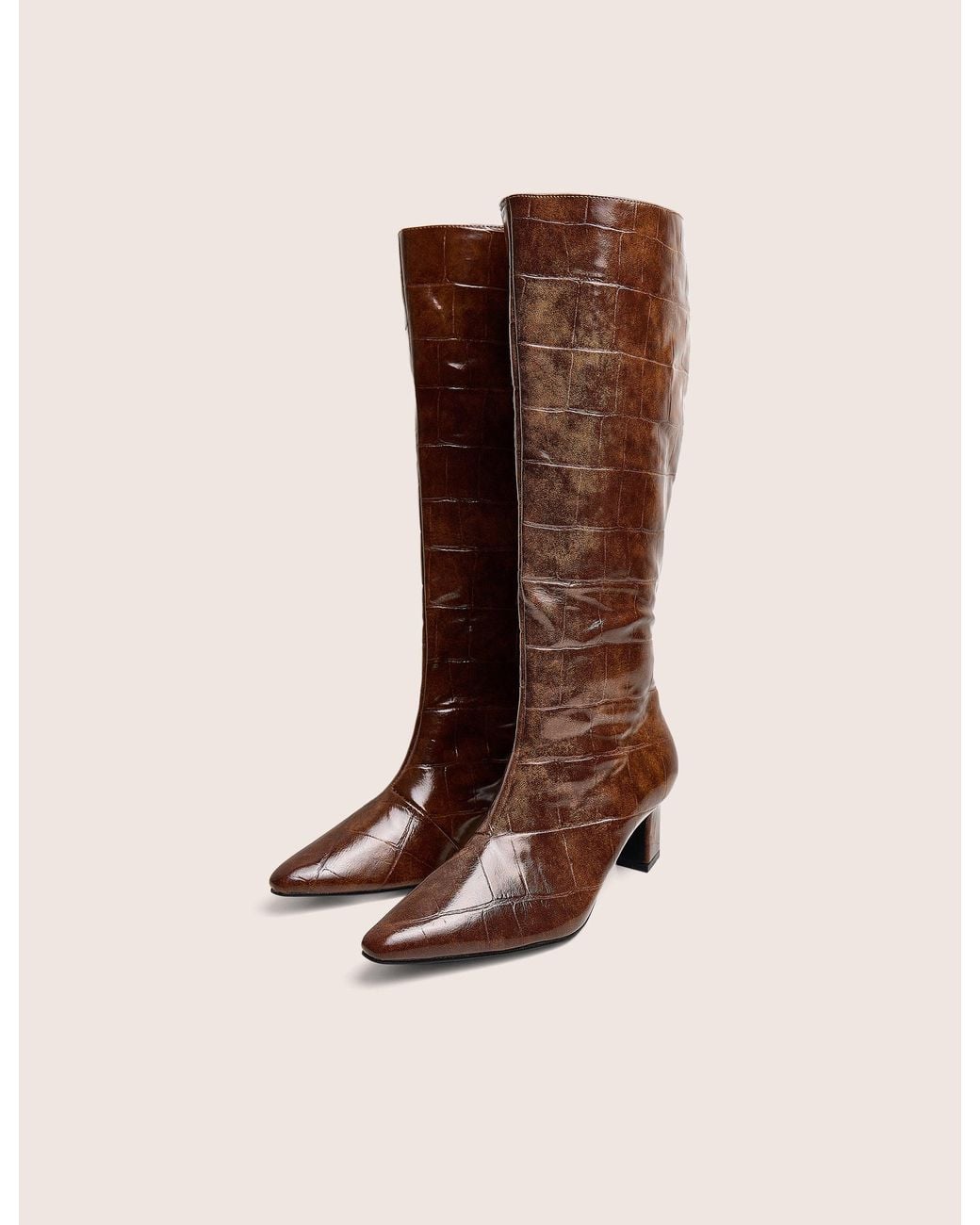 Public Desire Brown Boomer Tan Croc Pointed Toe Knee High Mid Heel Boots