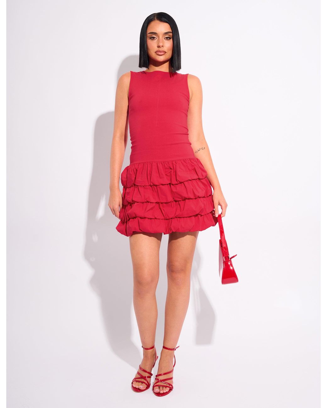Public Desire Tiered Ruffle Hem Racer Mini Dress Red