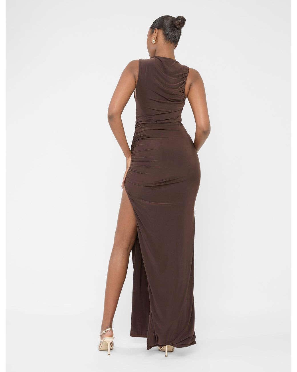 Public Desire Gray High Neck Ruched Detail Maxi Dress Chocolate