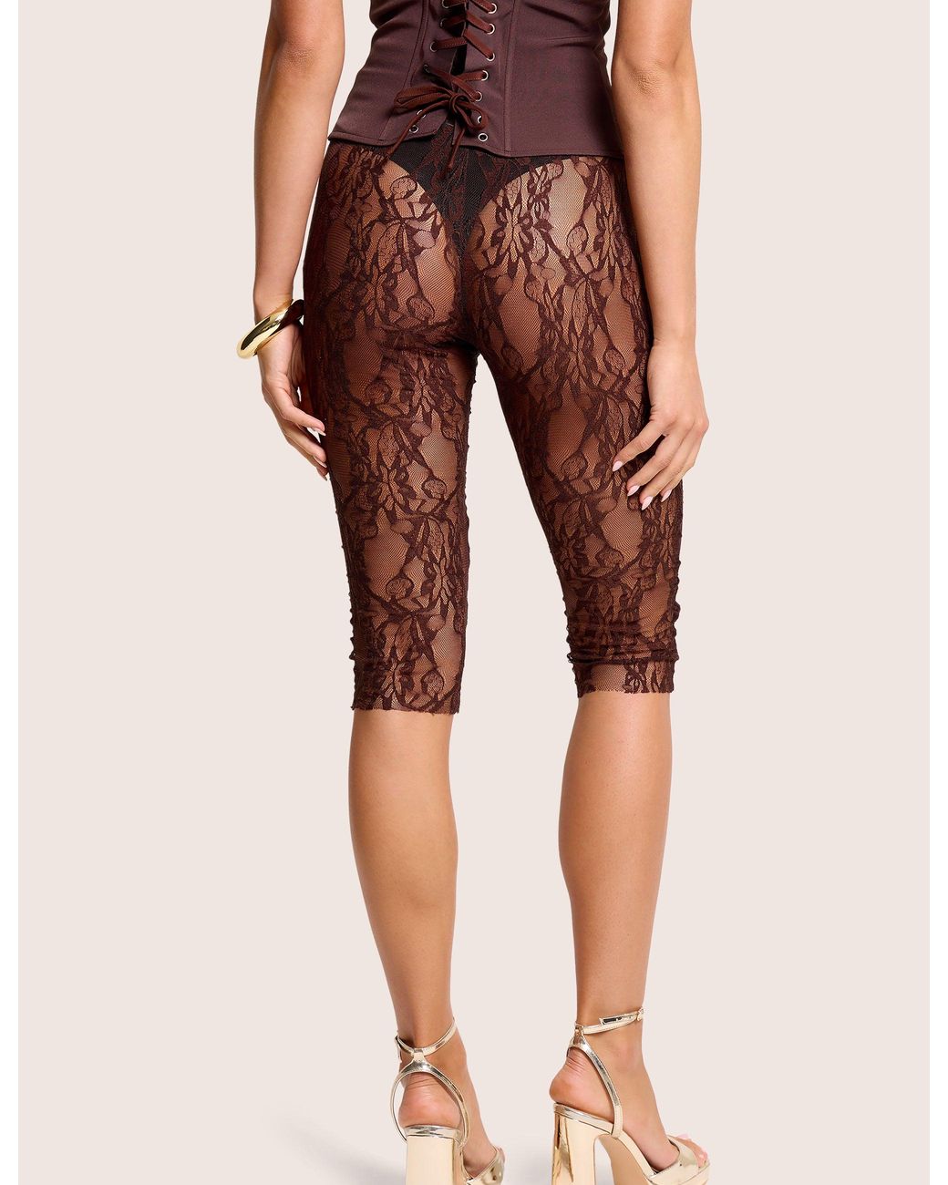 Public Desire Natural High Waist Sheer Floral Lace Capri Pants Brown