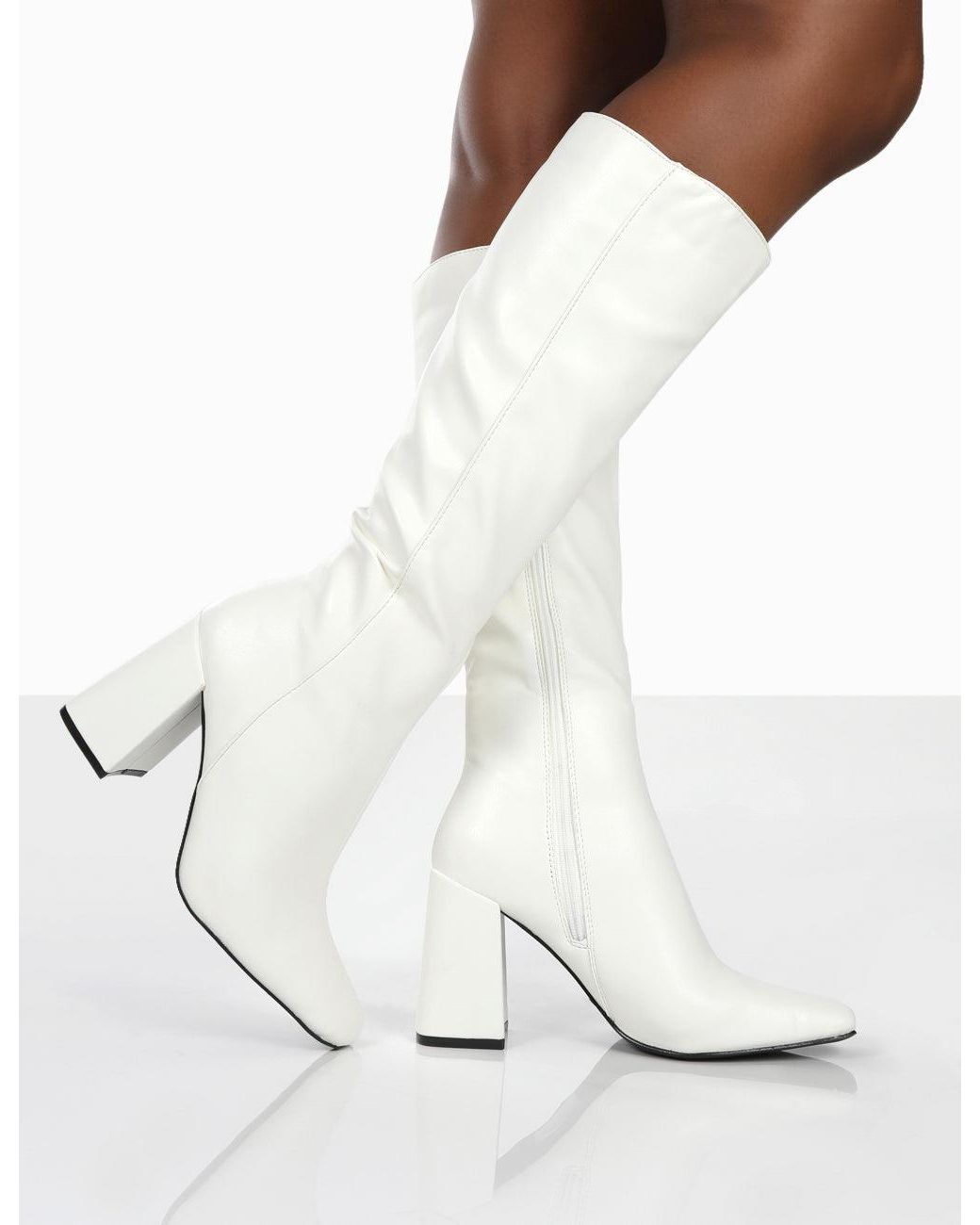 Public Desire Apology White Pu Knee High Block Heel Boots