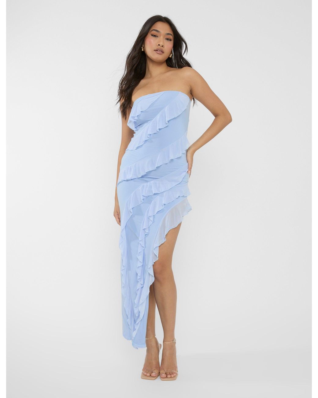 Public Desire Frill Detail Asymmetric Midaxi Dress Blue