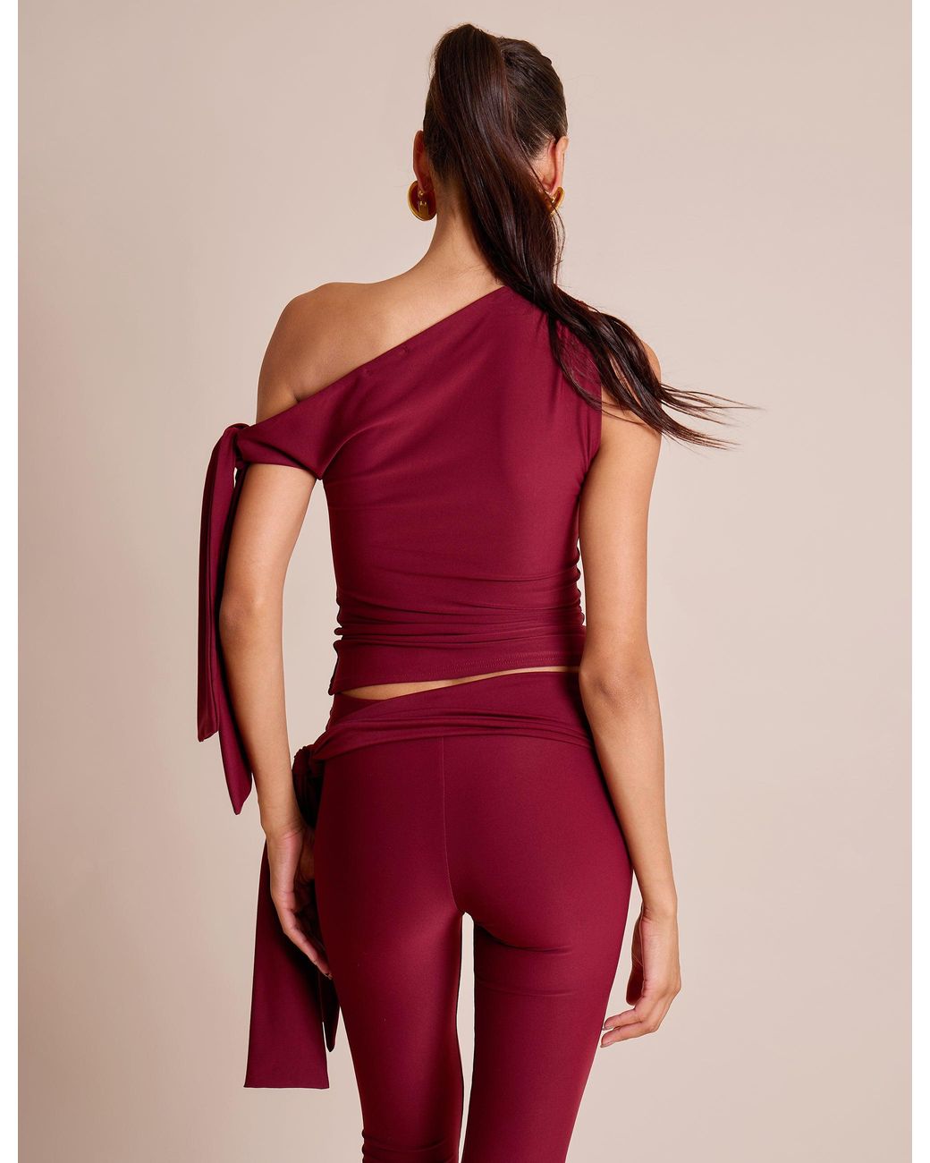Public Desire Purple Knot Detail Asymmetric One Shoulder Luxe Slinky Top Burgundy