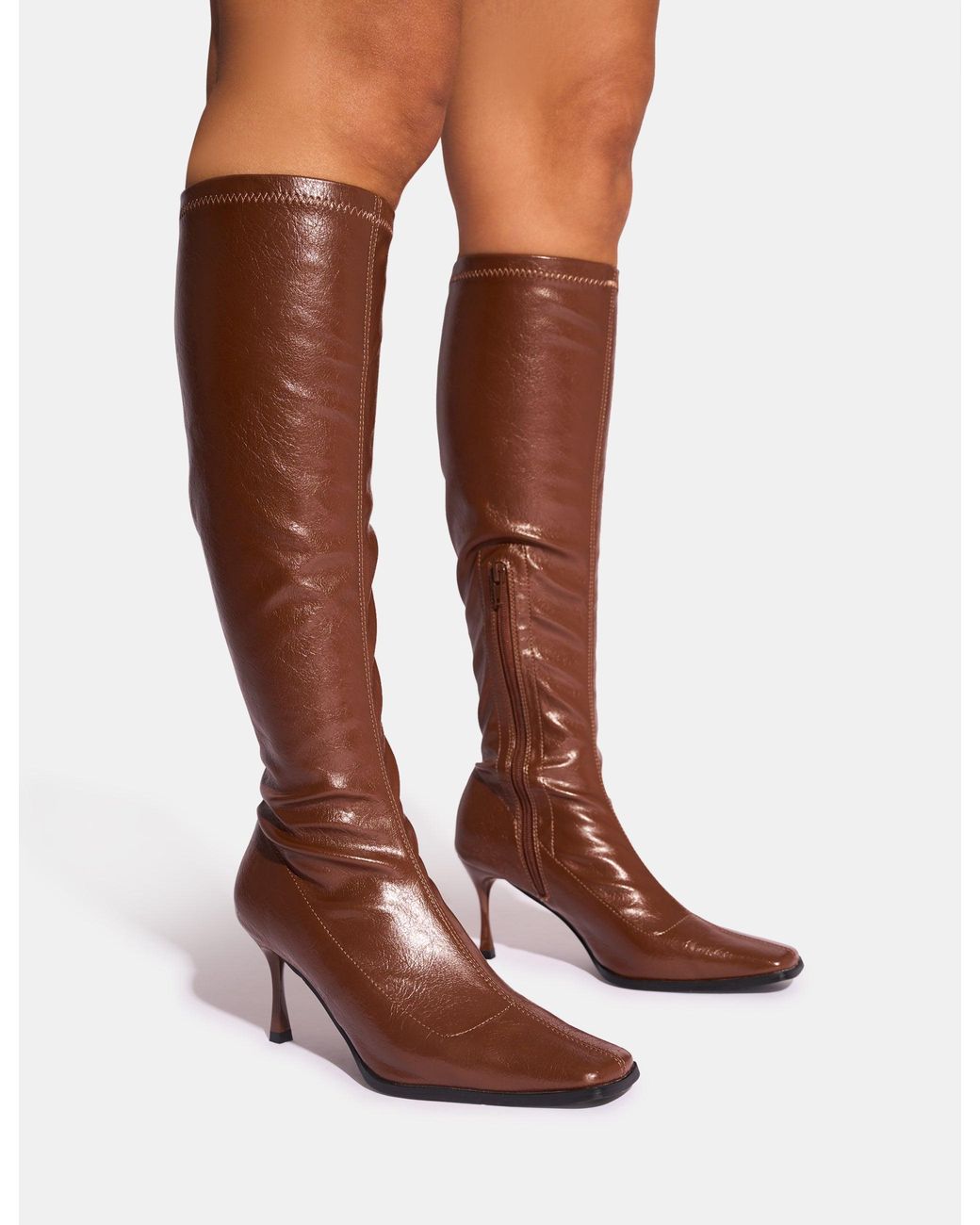 Public Desire Scorpion Chocolate Mid Heel Sock Knee High Boots in Brown Lyst UK