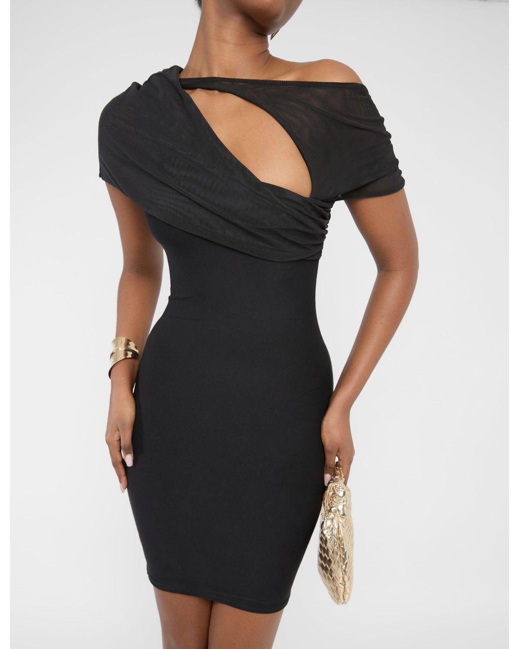 Public Desire Mesh Sleeve Slinky Cut Out Mini Dress Black