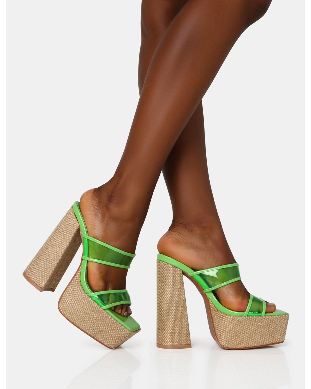 Public Desire Green Carley Neon Lime Perspex Mule Square Toe Platform Raffia Block Heels
