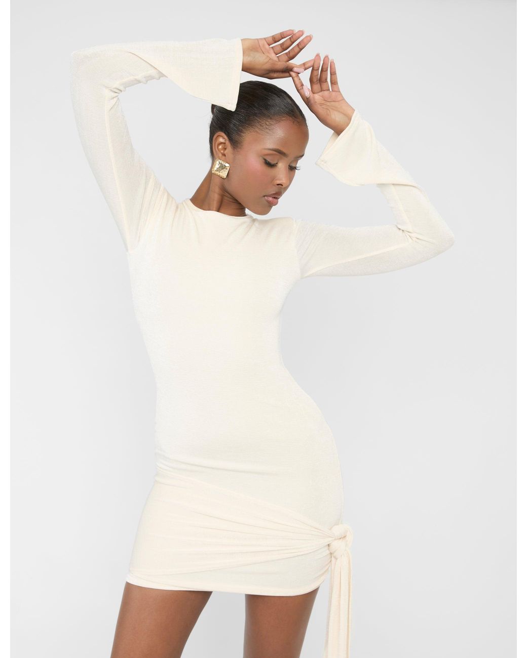 Public Desire White Knot Drape Padded Shoulder Long Sleeve Mini Dress Cream