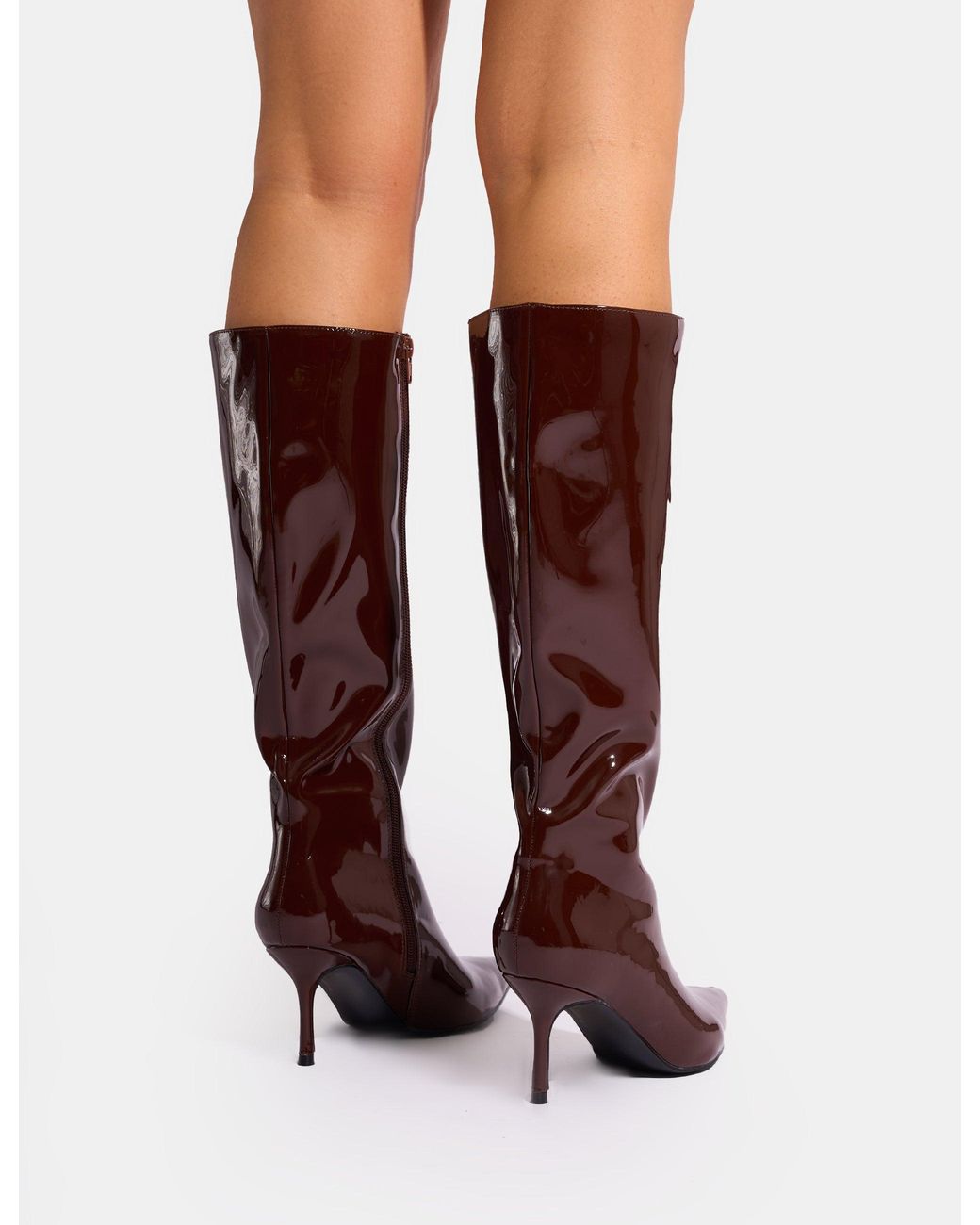 Public Desire Red Amped Chocolate Patent Pointed Toe Mid Heel Knee High Boots