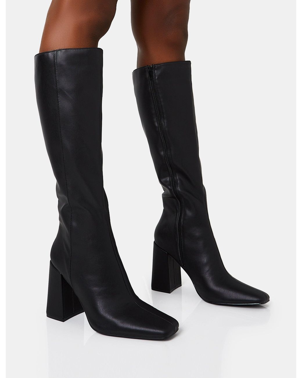 Public Desire Apology Black Pu Knee High Block Heel Boots