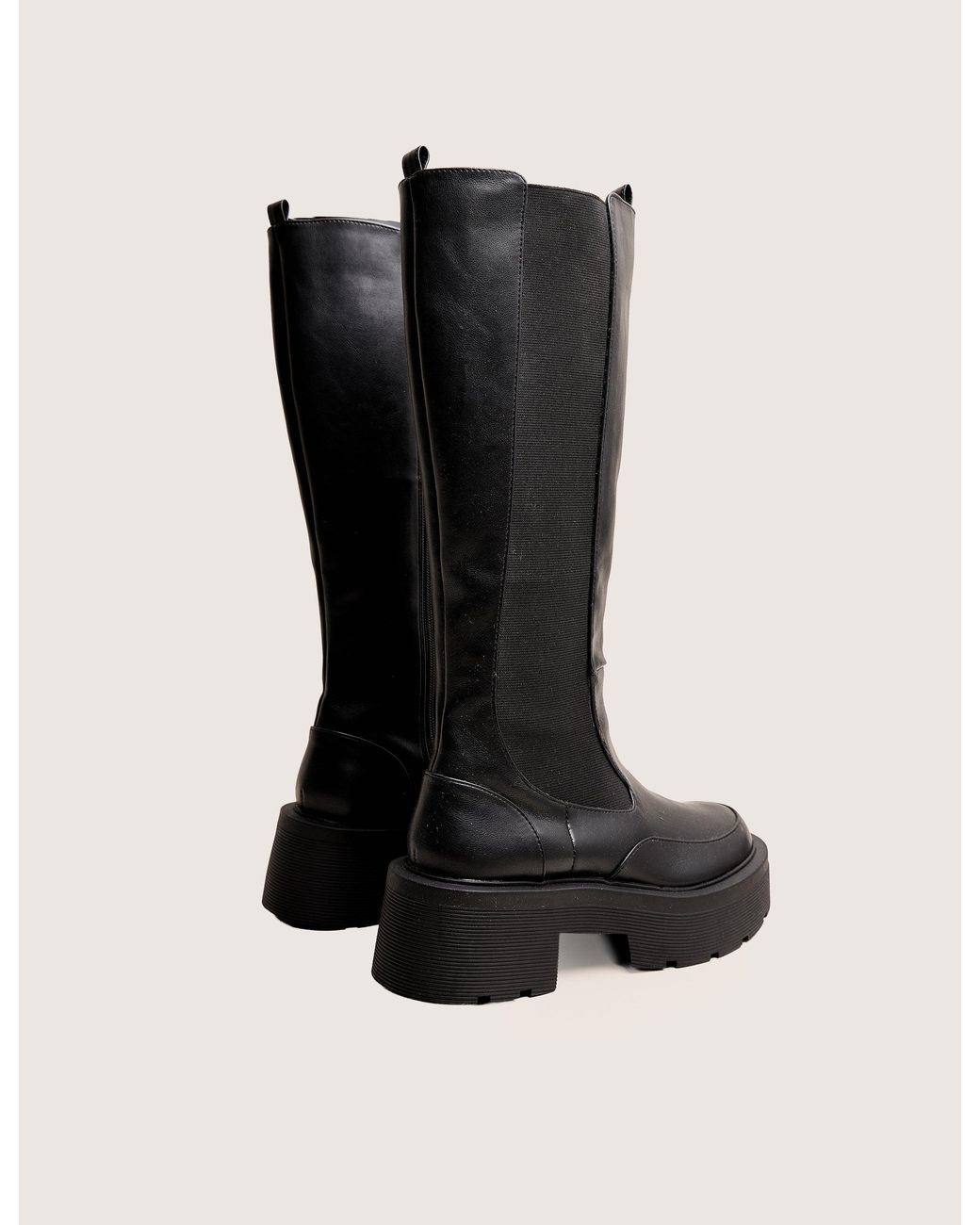 Public Desire Evergreen Black Knee High Elasticated Detail Chunky Heeled Sole Boots