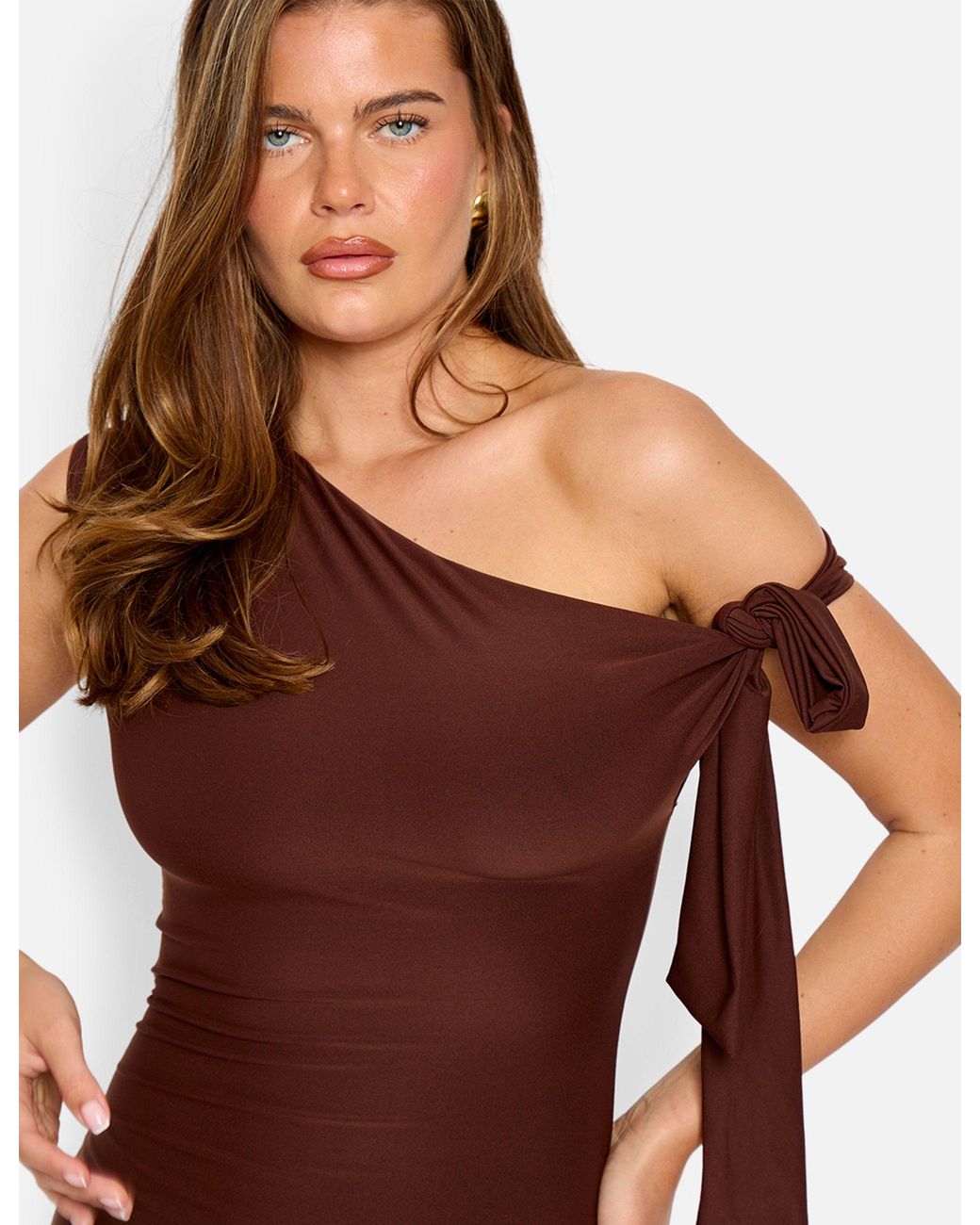 Public Desire Red Knot Detail Asymmetric One Shoulder Luxe Slinky Mini Dress Chocolate