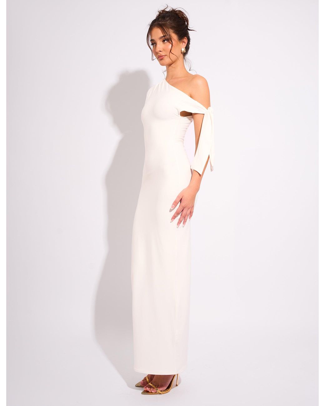 Public Desire Knot Detail Asymmetric One Shoulder Luxe Slinky Maxi Dress White