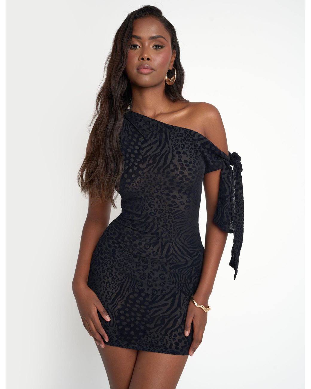Public Desire Blue Knot Detail Asymmetric One Shoulder Leopard Devore Mini Dress Black