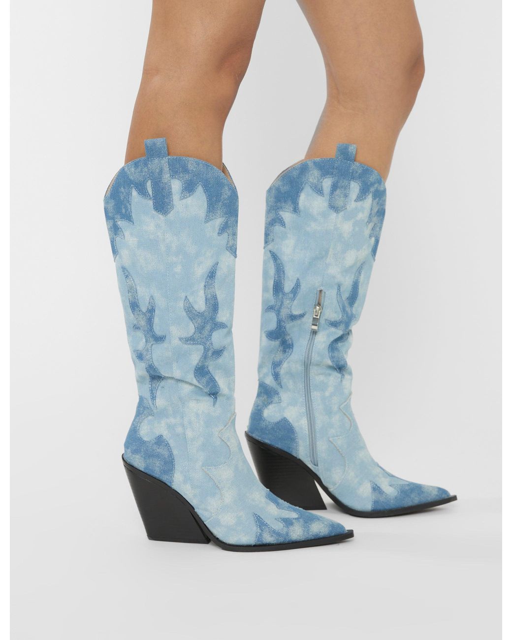 Public Desire Blue Underwood Mixed Denim Western Cowboy Block Heel Knee High Boots