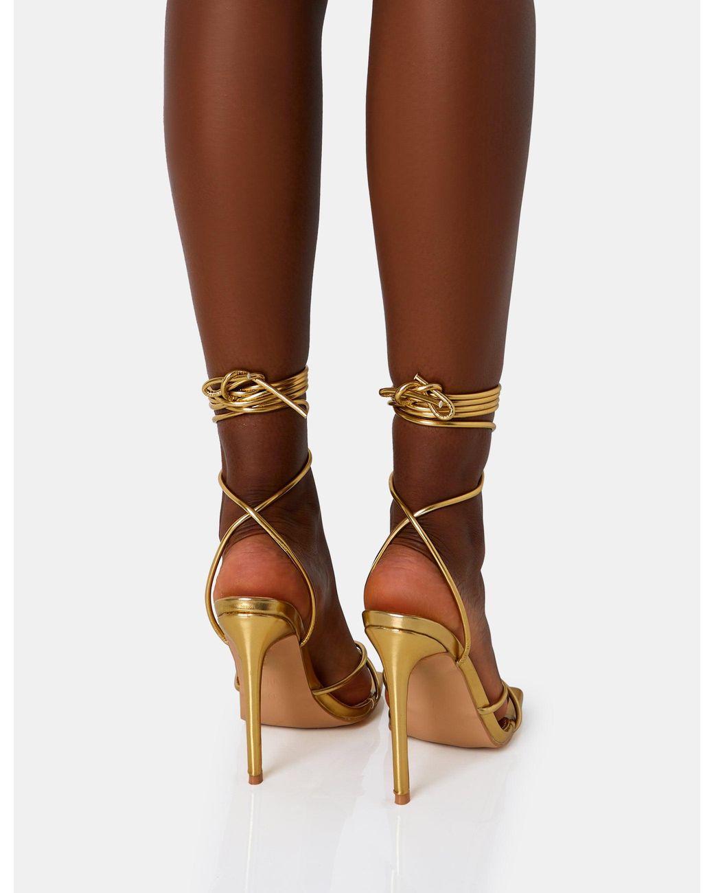 Public Desire Brown Dax Gold Pu Barely There Lace Up Square Toe Stiletto Heels