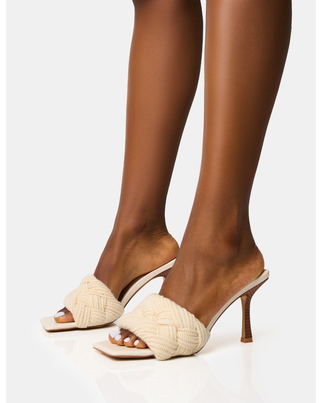 Public Desire Brown Nectar Cream Wooden Stack Knitted Square Toe Heels