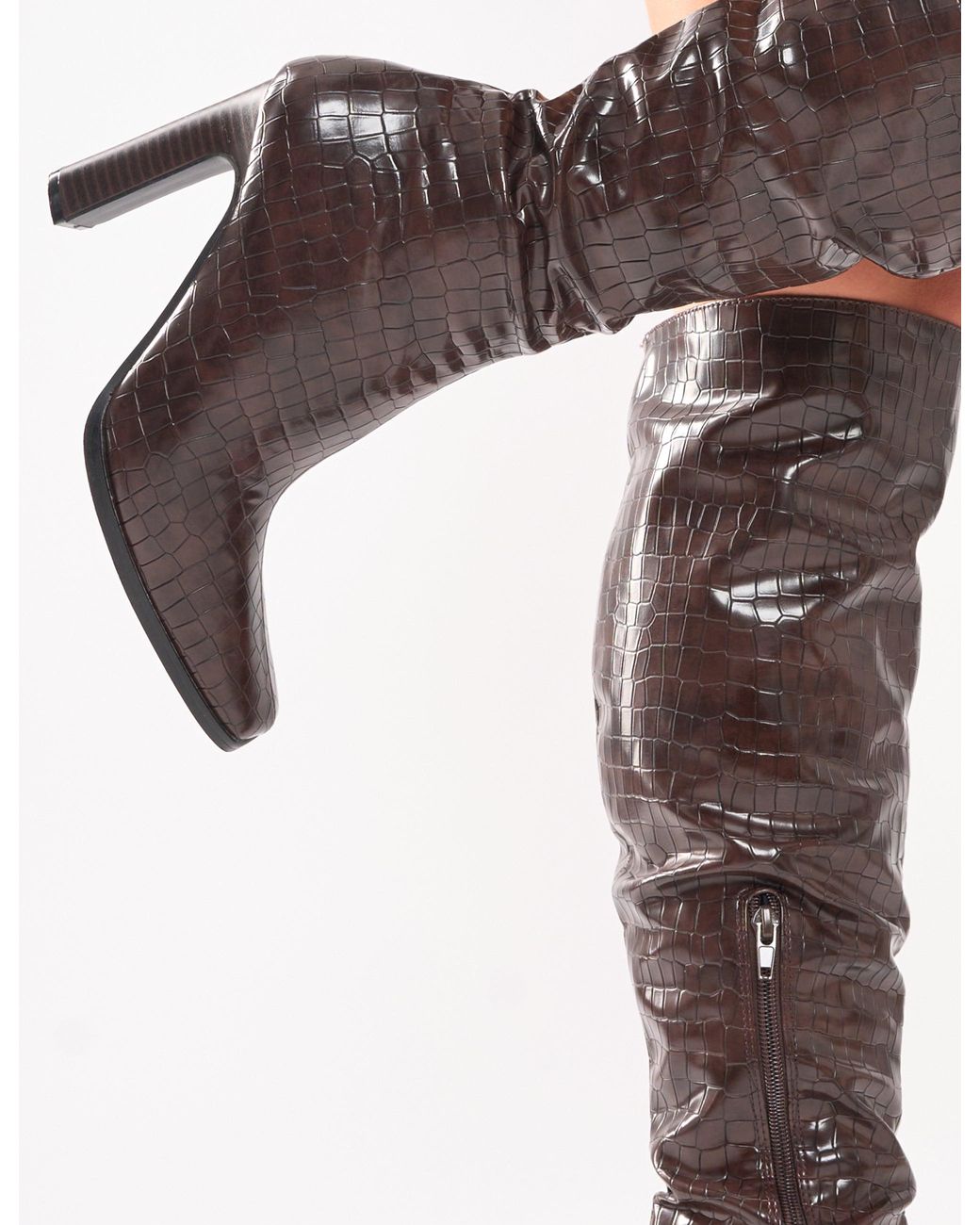 Public Desire Multicolor Acquilla Brown Croc Knee High Flared Heel Boots