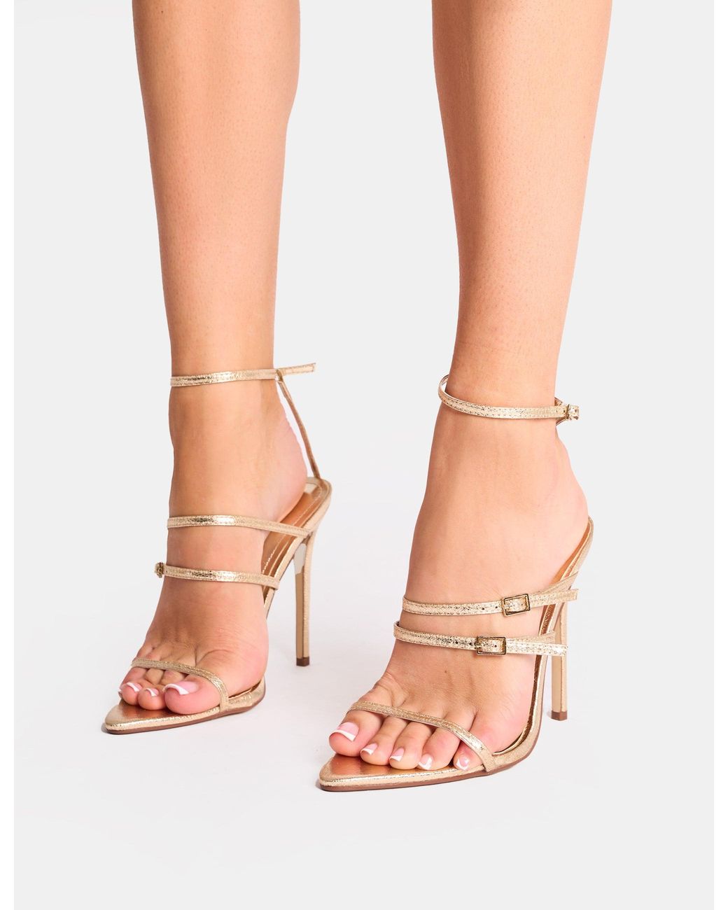 Public Desire Pink Jeany Cracked Gold Strappy Buckle Detail Heels