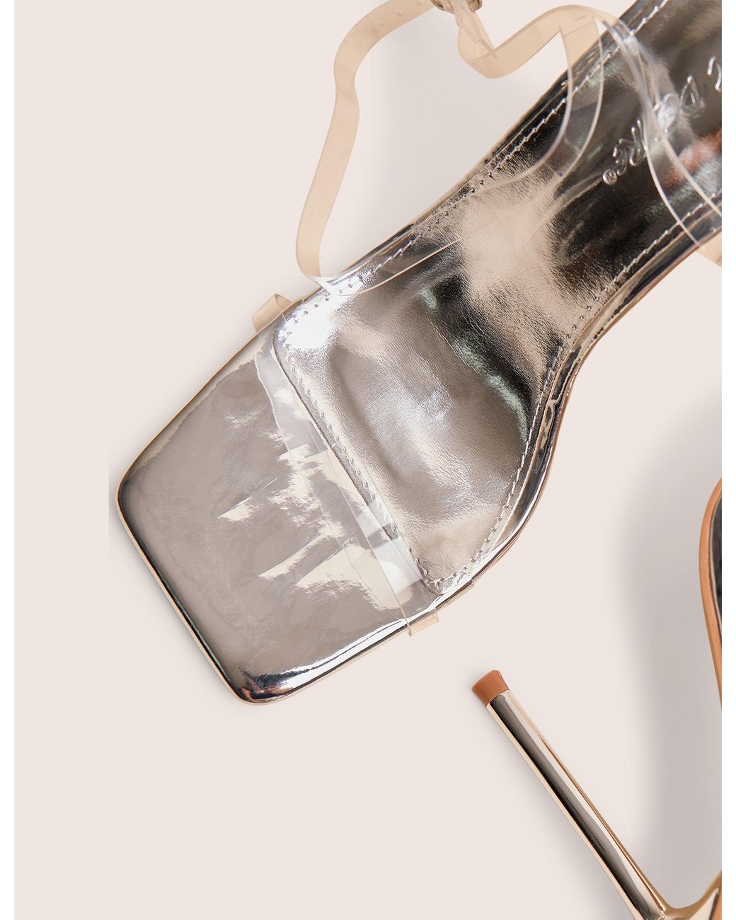 Public Desire Black Rya Silver Mirror Square Toe Strappy Barely There Stiletto High Heels